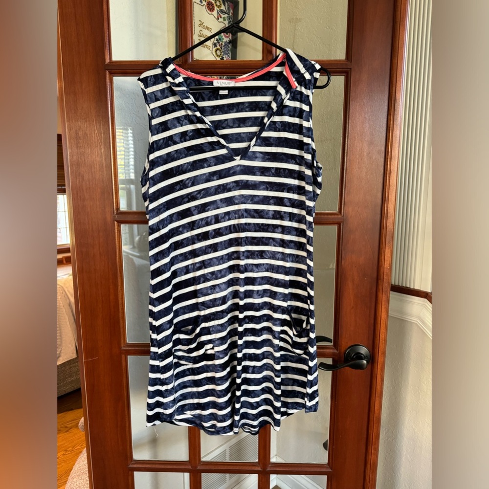 VENUS Navy and White Striped Sleeveless Swim Coverup